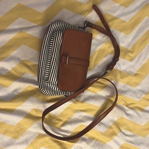 Antik Kraft Blue and white striped crossbody bag with faux leather strap and top